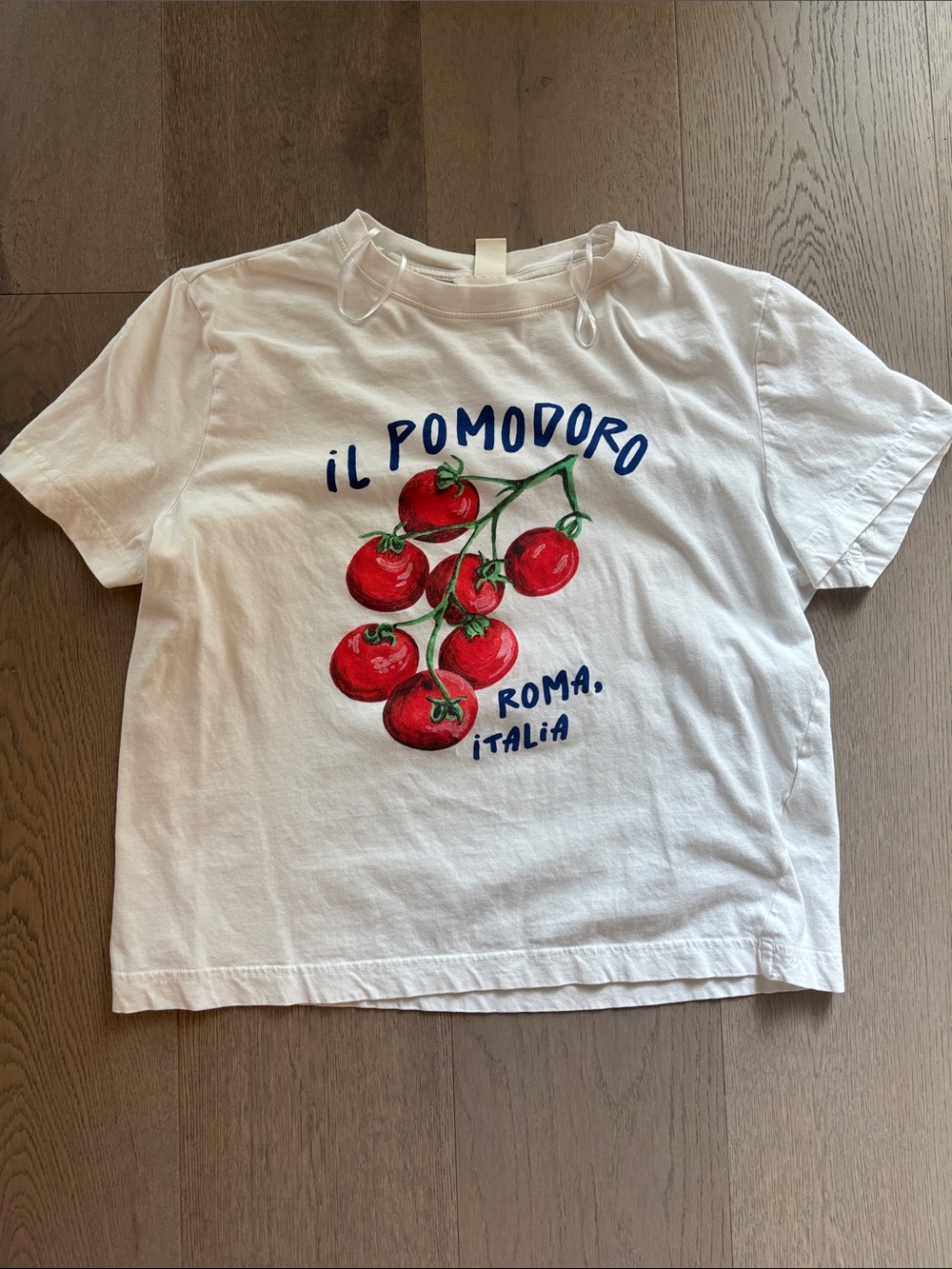 H&M White Graphic Tee with Red Tomato Illustration